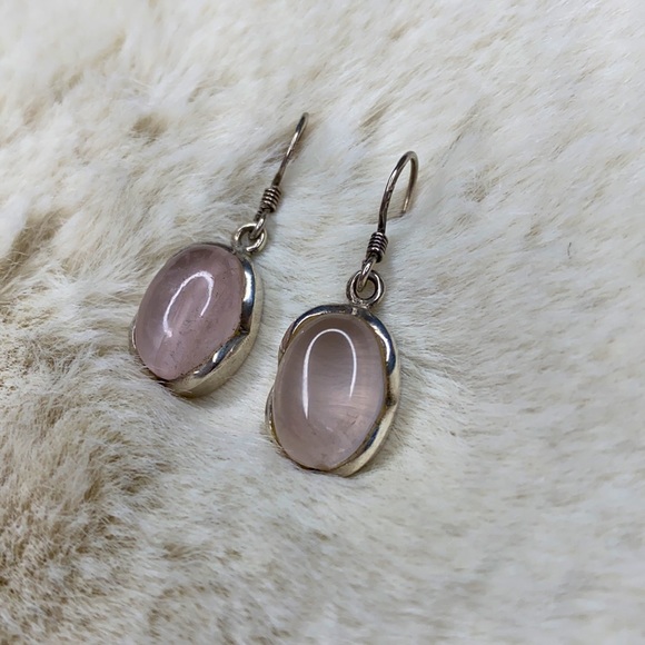 Oval Rose Quartz Silver Earrings - Picture 3 of 5
